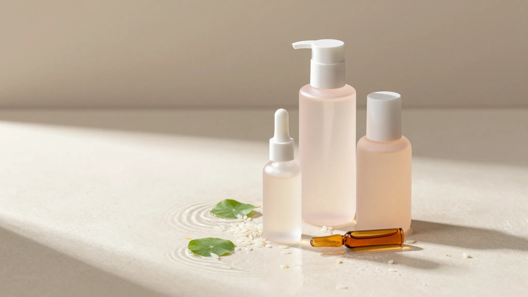 Korean skincare — serums, ampoules and SPF on a cream stone counter