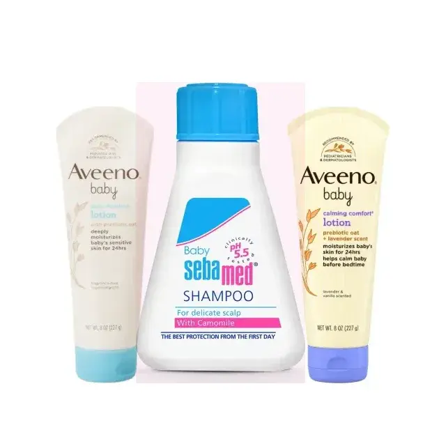 Sebamed baby shampoo with two Aveeno Baby lotions