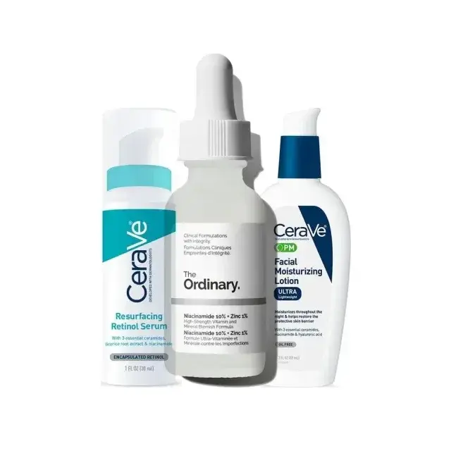 The Ordinary Niacinamide serum with CeraVe retinol serum and PM lotion