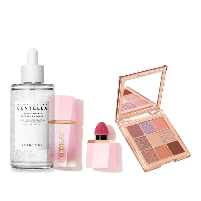 A SHEGLAM liquid blush, a Madagascar Centella ampoule and a Huda Beauty eyeshadow palette