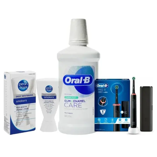 Oral-B mouthwash, Pearl Drops tooth polish and an Oral-B Pro 3 electric toothbrush