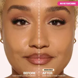 Before and after Huda Beauty Easy Bake Loose Powder in Banana Bread, no retouching