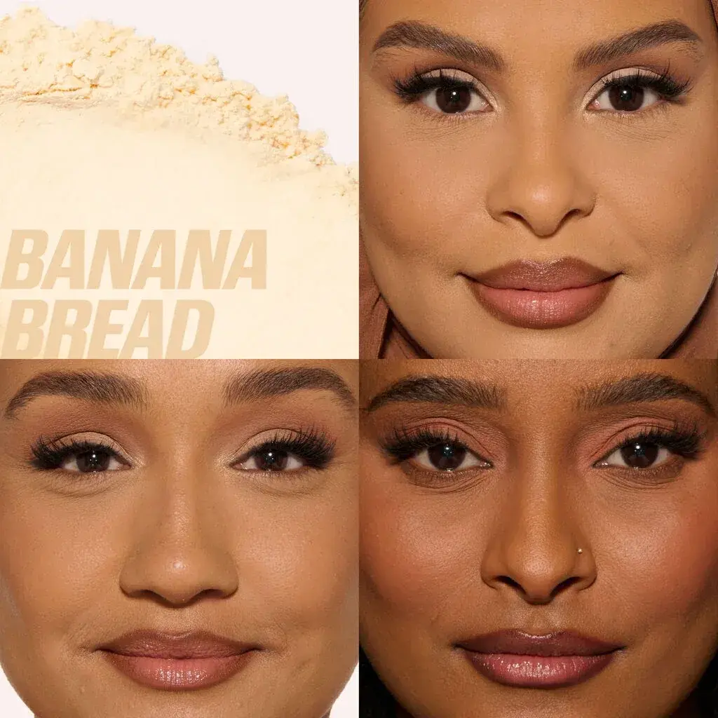 Huda Beauty Easy Bake Banana Bread powder shown on three skin tones