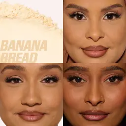 Huda Beauty Easy Bake Banana Bread powder shown on three skin tones