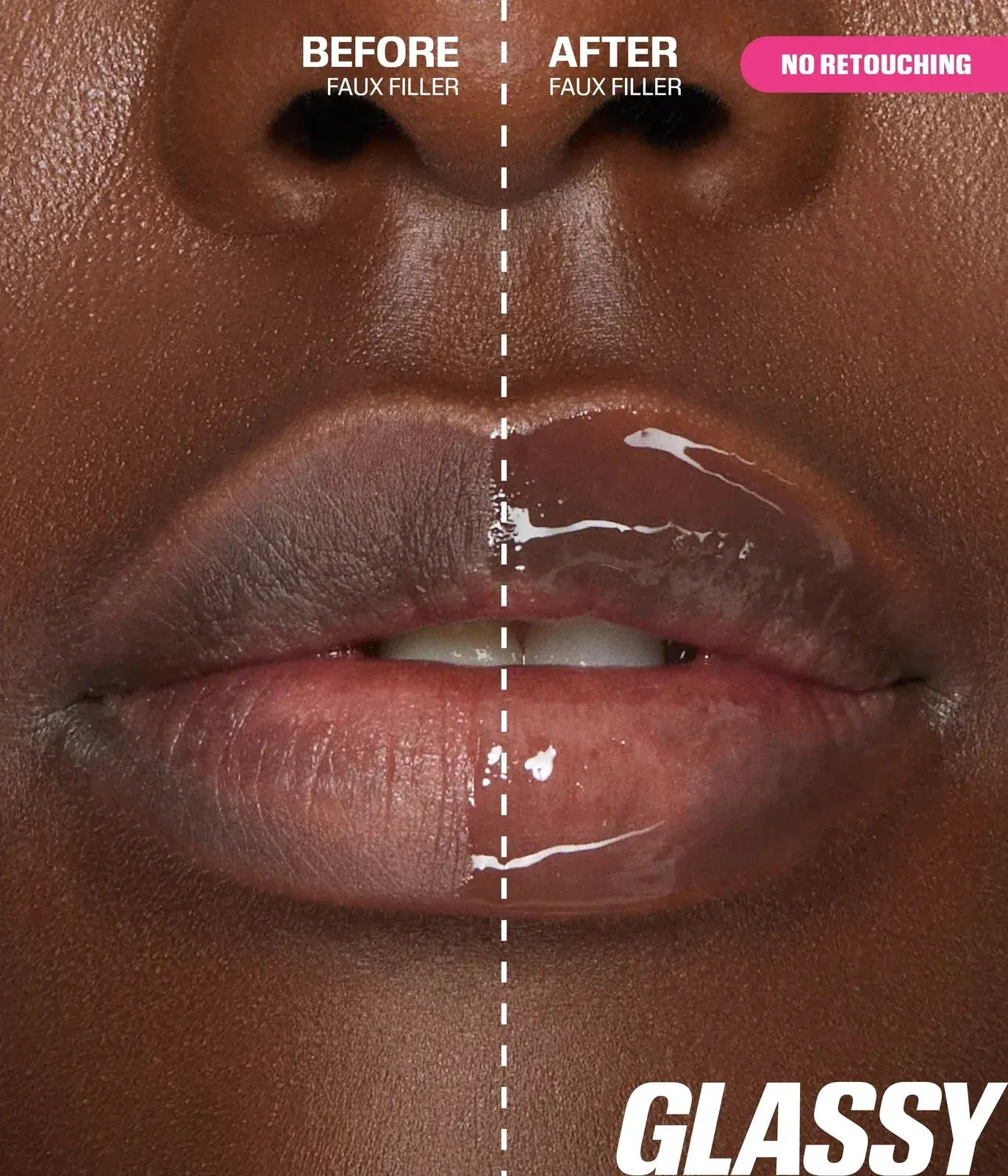 Before and after Huda Beauty Faux Filler Extra Shine Lip Gloss, no retouching