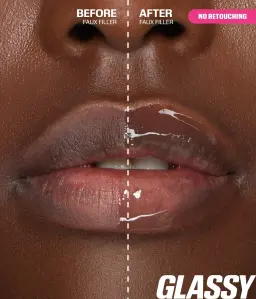 Before and after Huda Beauty Faux Filler Extra Shine Lip Gloss, no retouching