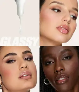 Huda Beauty Faux Filler gloss in Glassy worn on three models