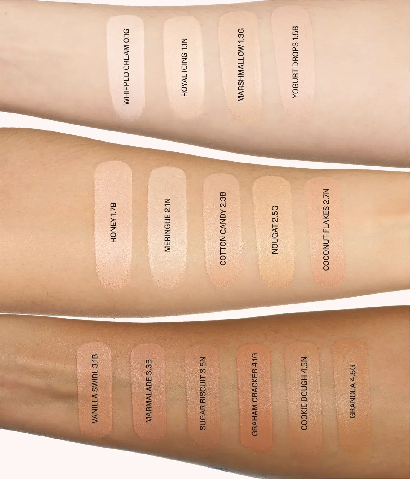 Arm swatches of Huda Beauty #FauxFilter Luminous Matte Concealer shades