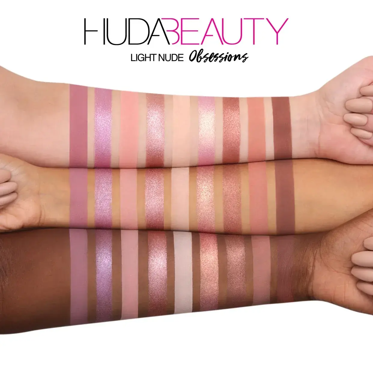 Arm swatches of the Huda Beauty Nude Obsessions Nude Light shades